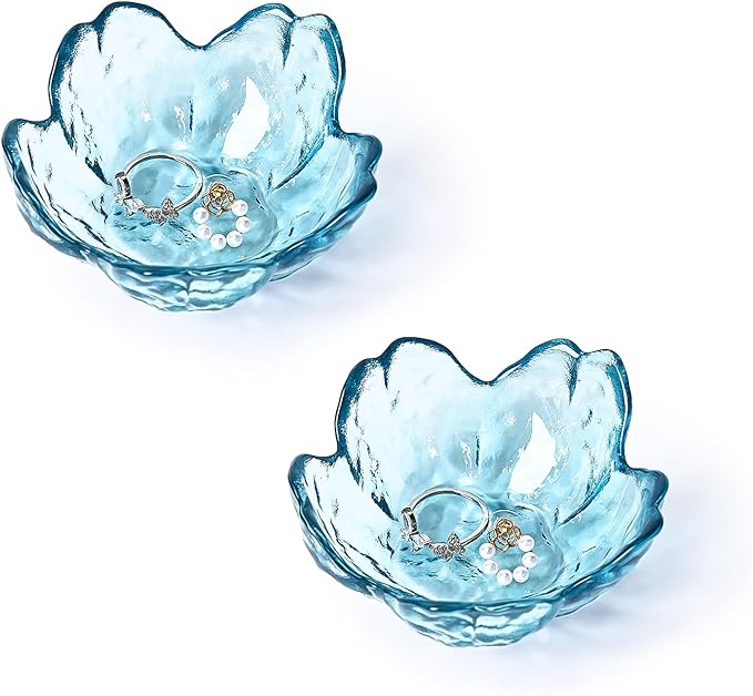 Koythin 2-Piece Glass Jewelry Tray, Mini Ring Dish for Necklace Earring Bracelet, Cute Trinket Tray for Engagement Vanity Bathroom, Crystal Floral Aesthetic Room Decor for Women Girl Mom (Blue)