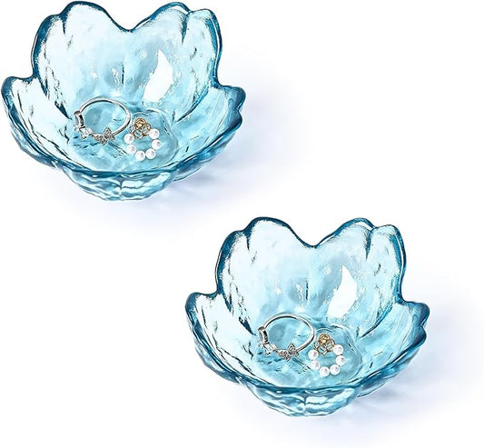 Koythin 2-Piece Glass Jewelry Tray, Mini Ring Dish for Necklace Earring Bracelet, Cute Trinket Tray for Engagement Vanity Bathroom, Crystal Floral Aesthetic Room Decor for Women Girl Mom (Blue)