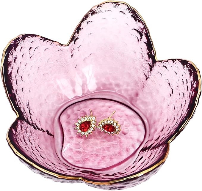 Flower Shape Ring Dish Jewelry Tray Organizer, Glass Accent Tray for Vanity, Small Decorative Trinket Dish, Crystal Purple