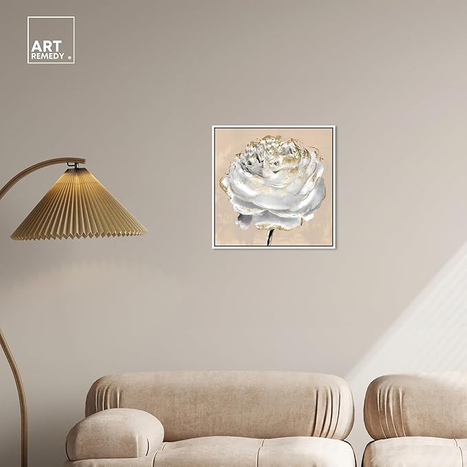 Art Remedy Beige Ranunculus Canvas Elegant White Gold Wall Art, White Frame, 20" x 20"