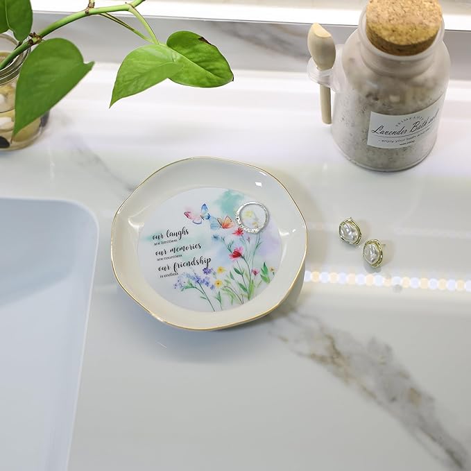 HOME SMILE Friendship Gifts for Women Best Friend Jewelry Ring Dish Tray with Dynamic Butterfly&Flower Pattern Shifts,Our Laughs are Limitless Unique Gifts for Friends Birthday Mother's Day Christmas