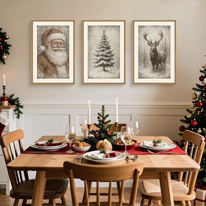 HLNIUC Large Vintage Christmas Framed Wall Art Set of 3, Santa Claus Reindeer Decor, Snowy Xmas Pine Tree Neutral Canvas Art(16x24), Farmhouse Rustic Sketch Prints for Living Room, Bedroom, Office