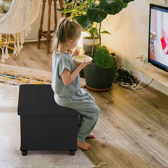 Storage Ottoman for Living Room，Square Ottoman with Tray Bedroom Cube Foot Rest Stool with Legs Ottomans Coffee Table Lid Foldable Footstool Faxu Leather 15" Inch(Black)