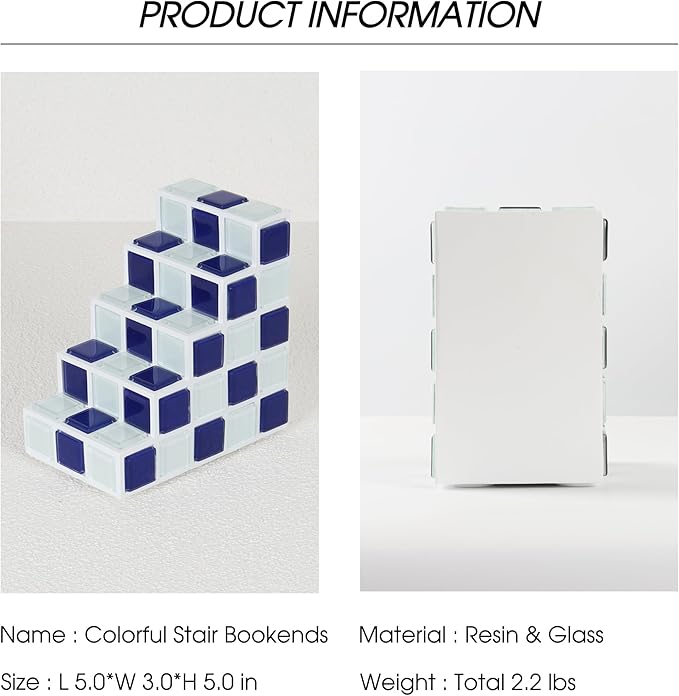 Decorative Bookends for Shelves - Stair Book Ends for Heavy Books - Unique Book Stopper & Holder for Shelves - Modern Home Decor Aesthetic Bookshelf Decor (Blue & White)