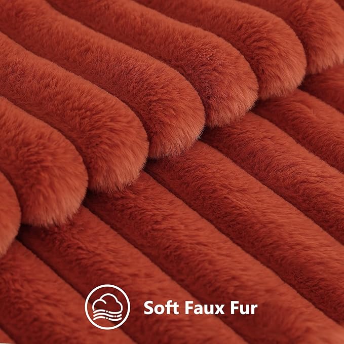 decorUhome Faux Fur Spring Throw Pillow Covers 18x18 Set of 2, Decorative Soft Plush Striped Neutral Couch Pillow Covers with Velvet Back for Sofa, Bed, Living Room Home, Rust