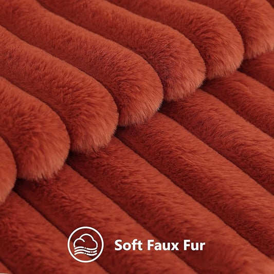 decorUhome Faux Fur Spring Throw Pillow Covers 12x20 Set of 2, Decorative Soft Plush Striped Lumbar Neutral Couch Pillow Covers with Velvet Back for Sofa, Bed, Living Room Home, Rust