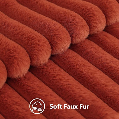 decorUhome Faux Fur Spring Throw Pillow Covers 22x22 Set of 2, Decorative Soft Plush Striped Neutral Couch Euro Sham Pillow Covers with Velvet Back for Sofa, Bed, Living Room Home, Rust