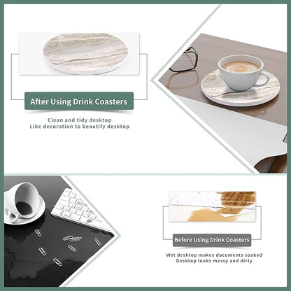 Marble Coasters for Coffee Table, Set of 6 with Holder, Ink&Wash Painting on White Absorbent Ceramic, 4 Inches