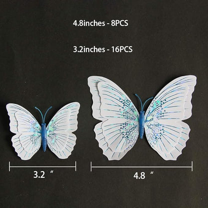 Somotersea 24Pcs 3D Butterfly Wall Decor Removable Butterfly Decoration for Girls Room Butterflies Decals Birthday Party Decorations Kids Bedroom Butterfly Stickers Magnets Blue and White