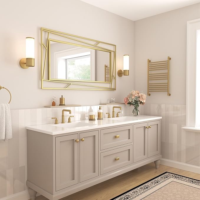 Brushed Gold Bathroom Mirror, 45''X30'' Rectangular Wall Mirrors with Geometric Metal Frame for Bathroom Bedroom Living Room, Hang Horizontally or Vertically