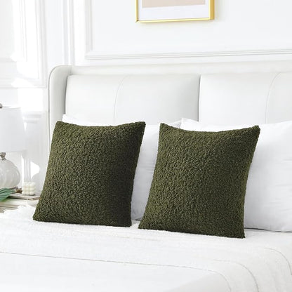 FUTEI Olive Green Throw Pillow Covers 24x24 Inch Set of 2,Furry Faux Fur Teddy Boucle Textured Cushion Covers,Soft Fluffy European Pillow Shams,Home Decor for Couch Bed Living Room Office Car