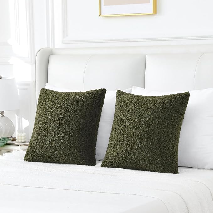 FUTEI Olive Green Throw Pillow Covers 26x26 Inch Set of 2,Furry Faux Fur Teddy Boucle Textured Cushion Covers,Soft Fluffy Decorative Euro Pillow Shams,Home Decor for Couch Bed Living Room Office Car