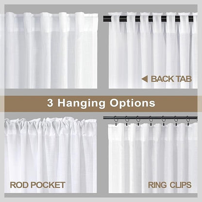 White Curtains 38 Inch Wide for Bedroom 2 Panels Back Tab Rod Pocket Semi Sheer Privacy Cotton Textured Light Filter White Linen Curtains for Living Room Rustic Farmhouse Boho Decor Width 38 x 96 Long