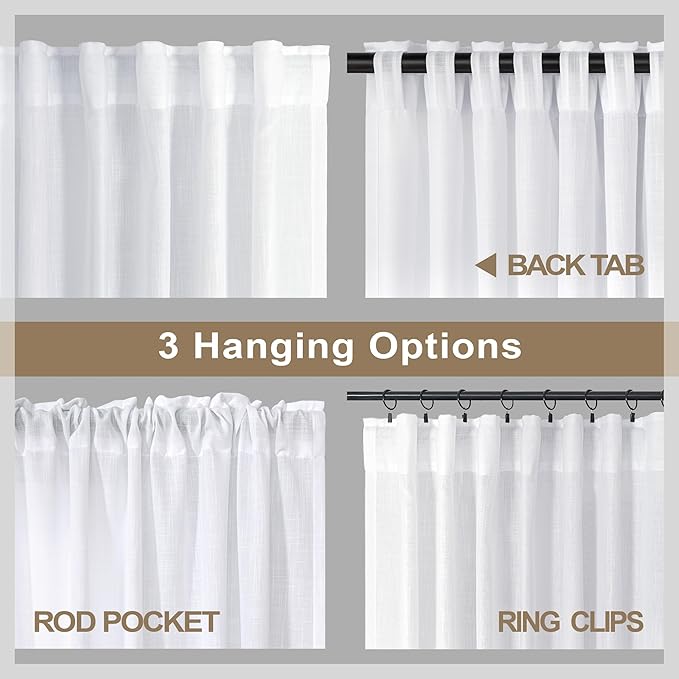 Pitalk White Linen Sheer Drape 104 Inch Curtains for Living Room Custom Curtains 2 Panels Set Back Tab Pleated Modern Farmhouse Light Filtering Ceiling to Floor for Large Window 52 x 104 Long Curtain