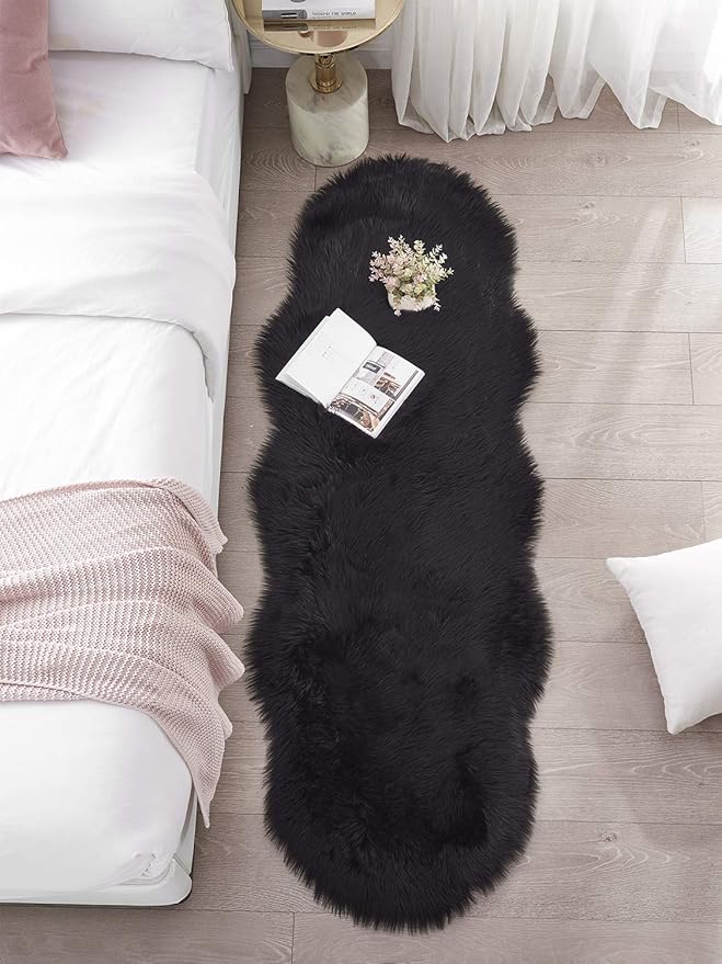 SERISSA Ultra Soft Fluffy Rug Black Faux Sheepskin Fur Area Rug Shaggy Couch Cover Seat Cushion Furry Carpet Beside Rugs for Bedroom Floor Sofa Living Room Runner 2x6 Feet Black