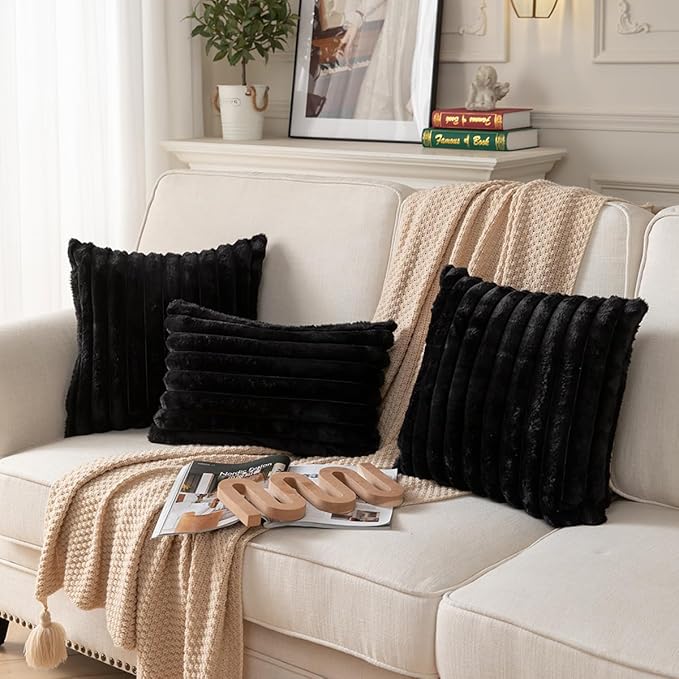 DEELAND Pack of 2,Double-Sided Faux Fur Plush Decorative Throw Pillow Covers Fuzzy Striped Soft Pillowcase Cushion Covers for Sofa Couch Bedroom Black 26x26 inch