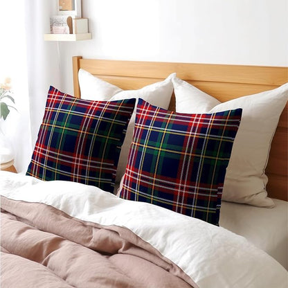Christmas Tartan Pillow Covers 18x18 Set of 2 Navy Blue Green Red Plaid Print Decorative Outdoor Xmas Throw Pillow Cases Rustic Winter Holiday Decoration Farmhouse Sofa Couch Cushion Cover Bed Decor
