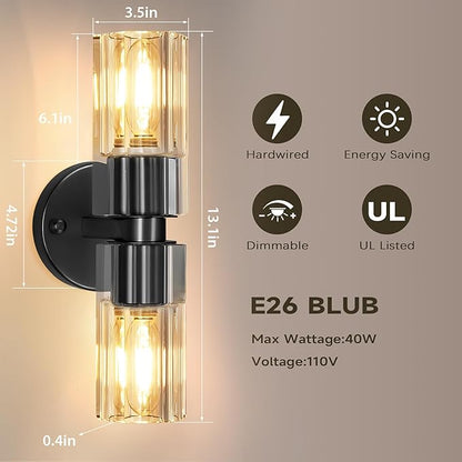 Black Wall Sconce Light Cordless 13 inch Wall Sconces, Indoor Wall Lamp with K9 Crystal Lampshade, Wall Lighting Fixtures for Living Room, Bedroom, Hallway, Bathroom, Stairs, Kitchen