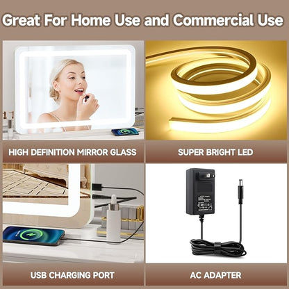 Large Vanity Mirror with Lights 32"x22", Lighted Makeup Mirror, Wall-mounted Hollywood Mirror, Touch Sensor, 3-Color Lighting, 5X Magnification, USB Port for Vanity Desk Tabletop, Bedroom, Salon