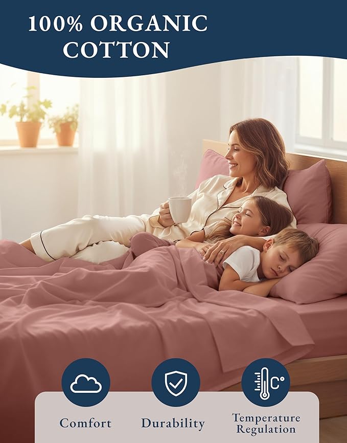 LANE LINEN 100% Organic Cotton California King Sheets Set, 4-Piece Pure Organic Cotton Long Staple Percale Weave Soft Best Bedding Sheets for Bed, Breathable, Fits Mattress Upto 15" Deep - Rose Dawn