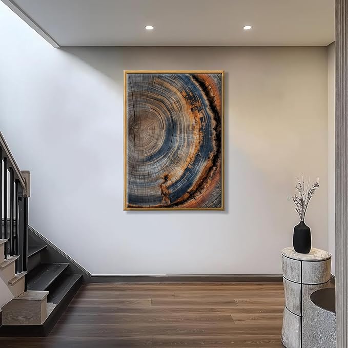 IBHJSART Framed Tree Ring Canvas Wall Art Vintage Colorful Wood Stump Painting Prints Modern Minimalist Pictures Neutral Nature Rustic Farmhouse Decor Living Room Bedroom Bathroom Office