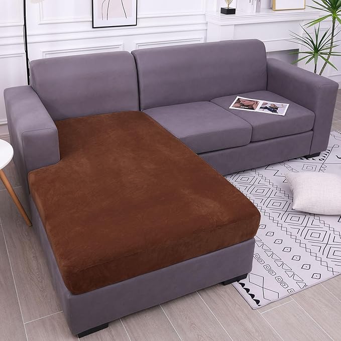 hyha Velvet Couch Cushion Covers, Stretch Chaise Lounge Sectional Couch Seat Covers L Shape for Sectional Sofa, Soft Sofa Cushion Slipcover Washable with Elastic Bottom(Chaise, Brown)