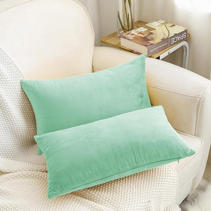 HWY 50 Aqua Green Velvet Rectangular Throw Pillow Covers 12x20 Inch, Pack of 2 Soft Cozy Solid Decorative Luxury Cushion Cases for Couch Sofa Bed Living Room Bedroom