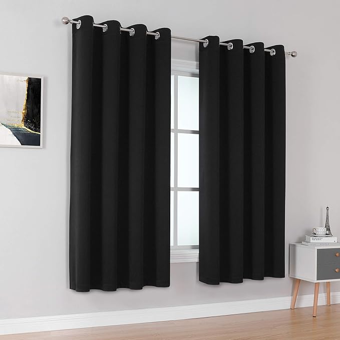 DUALIFE Black Curtains 45 Inch Length - Black Out Thermal Insulated Grommet Drapes for Office Small Windows 52x45 Inches Long Set of 2 Panels