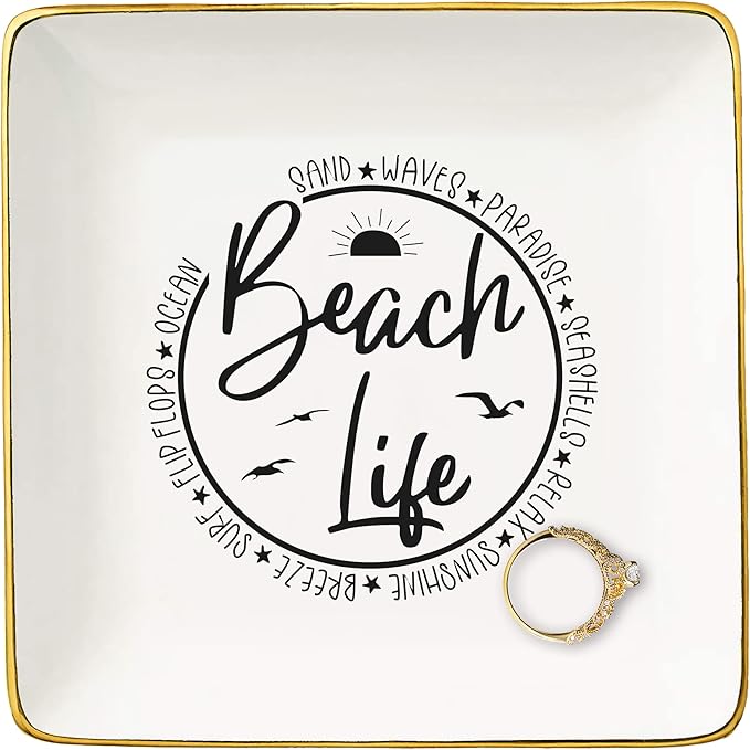 NZY Beach Life Gifts for Women Her-Ocean Sunset Beach Vacation Gift for Seaside Lover-Seasaid Travel Lovers Present-Ceramic Jewelry Tray Trinket Holder Ring Dish