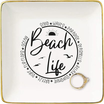 NZY Beach Life Gifts for Women Her-Ocean Sunset Beach Vacation Gift for Seaside Lover-Seasaid Travel Lovers Present-Ceramic Jewelry Tray Trinket Holder Ring Dish
