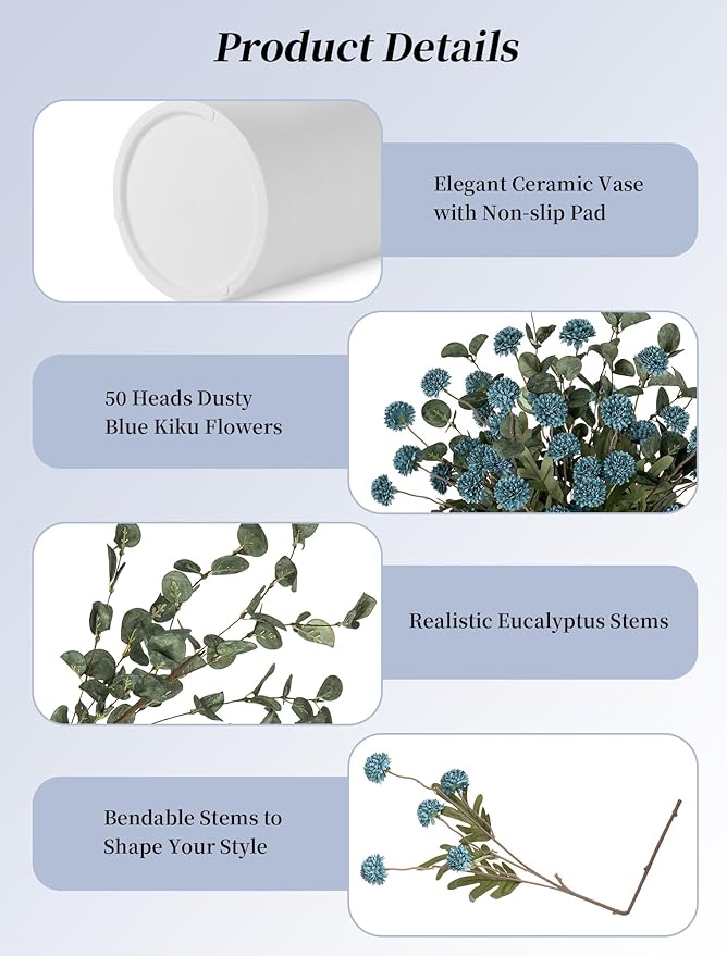 BLOSMON Blue Flowers Artificial for Decoration: Ceramic Vase with 12 Stems of Dusty Blue Flowers Fake Mums Kiku Eucalyptuses for Home Table Centerpieces - Faux Pom Poms Floral Arrangement Dining Room