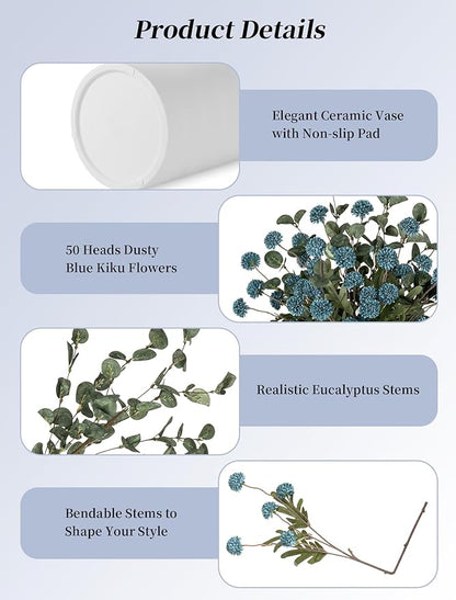 BLOSMON Blue Flowers Artificial for Decoration: Ceramic Vase with 12 Stems of Dusty Blue Flowers Fake Mums Kiku Eucalyptuses for Home Table Centerpieces - Faux Pom Poms Floral Arrangement Dining Room