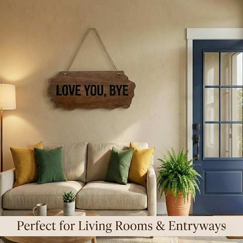 Love You Bye Sign Above Door - Rustic Wooden Wall Decor with Carved Letters & Hanging Rope - Boho Farmhouse Entryway & Living Room Art - Cute 10.6" Plaque for Home & Gift