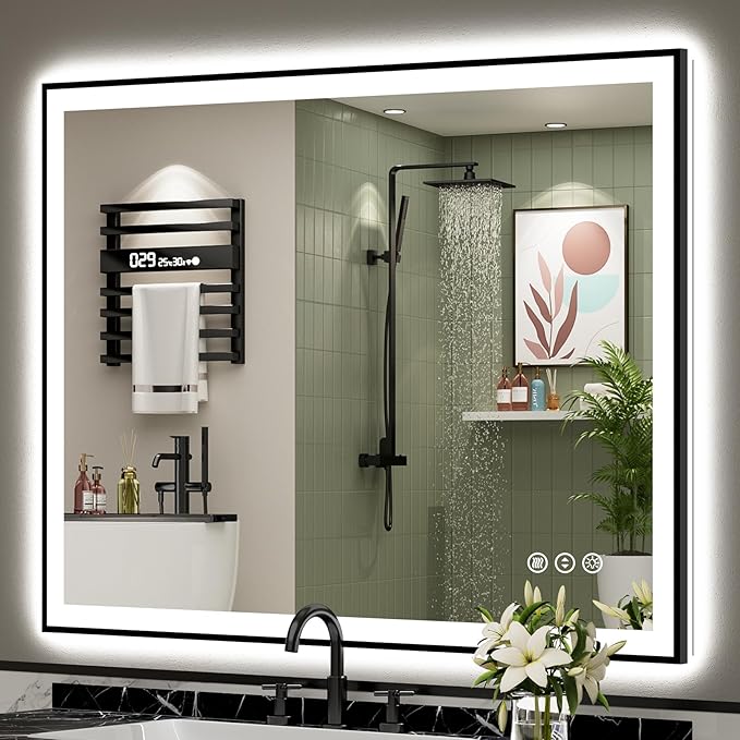 48x40 Inch Black Framed LED Bathroom Mirror with Lights, Backlit & Front Lit, Anti-Fog Lighted Vanity Mirrors for Bathroom Wall, Dimmable, 3-Color Light, Memory, Shatter-Proof, Tempered Glass