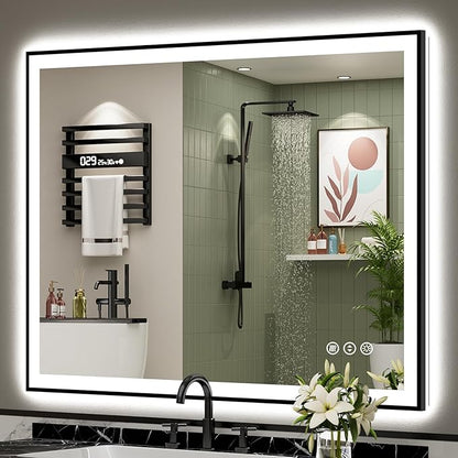 48x40 Inch Black Framed LED Bathroom Mirror with Lights, Backlit & Front Lit, Anti-Fog Lighted Vanity Mirrors for Bathroom Wall, Dimmable, 3-Color Light, Memory, Shatter-Proof, Tempered Glass