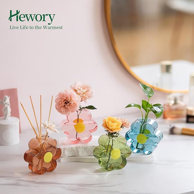 Hewory Unique Small Vases for Flowers: Colorful Vase Set Girly Home Shelf Decor - Cute Glass Bud Vases for Centerpieces Modern Living Room Office Bedroom (Pink & Blue & Green & Amber)