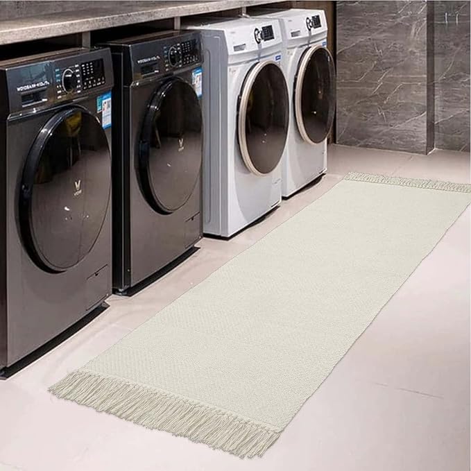 Collive 2x6 Runners for Hallway, Woven Reversible Washable Entryway Runner Rug, White/Beige Cotton Modern Farmhouse Laundry Room Carpet for Bathroom Sink Foyer Bedroom