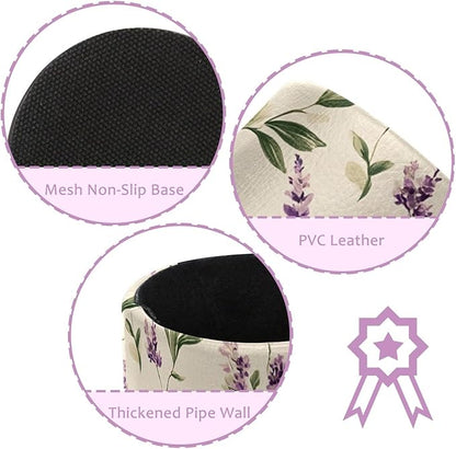 Round Pen Holder for Desk, Leather Pen Pencil Cup, Decorative Desk Stationery Supplies Organizer for Home Office Classroom, Cute Purple lavender and Sage Green Leaves on a Cream Background