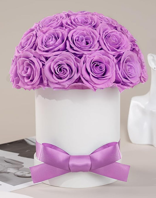 27 Forever Roses Dome in Luxury White Box, Eternal Real Roses Birthday Gifts for Women, Preserved Flowers for Delivery Prime, Anniversary, Valentine's Day, Mothers Day for Mom (Light Purple)
