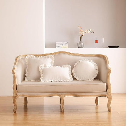 ISAENNE 2 Pcs Classic Ivory White Round Throw Pillow Cover Diameter 16", Solid Color Farmhouse Linen Cotton Decor Pillow Cover with Ruffles, Sturdy Throw Pillowcase for Couch Sofa Bed Living Room
