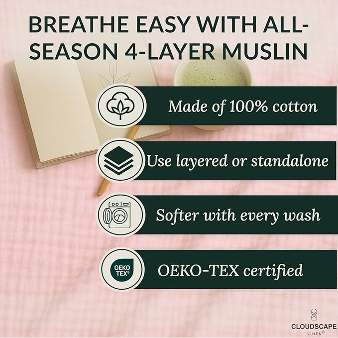 Luxury 100% Cotton Muslin Throw Blanket, 4 Layer Extra Large 50x70in, Perfect for Couch, Sofa, Home Decor, Soft Gauze Travel Blanket, Winter Cozy Throw, All Season Seashell Pink