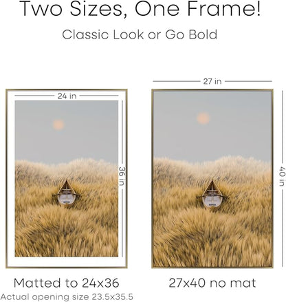 Homeforia 27x40 Picture Bronze Frame, High End Metal 27 x 40 Large Poster Frames with Mat 24 by 36 Photo, 27x40 Brass Movie Frame Matted to 24x36, 40x27 Thin Frames, Tempered Glass, Wall Kit, Set of 1