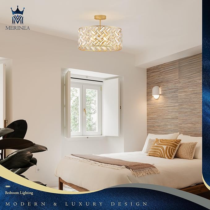 Gold Crystal Chandelier, 18" Modern Drum Ceiling Light Fixture, Luxury 6-Light K9 Crystal Pendant Lighting, Convertible Semi Flush Mount Hanging Light for Dining Room, Living Room, Bedroom, Kitchen