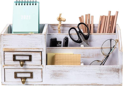 Distressed Rustic Wooden Office Desktop Organizer Shelf Tabletop Home Organizer Storage with Multiple Compartments 2 Tier Drawers perfect Jewelry storage Display Box for Desk Vanity (Washed white)