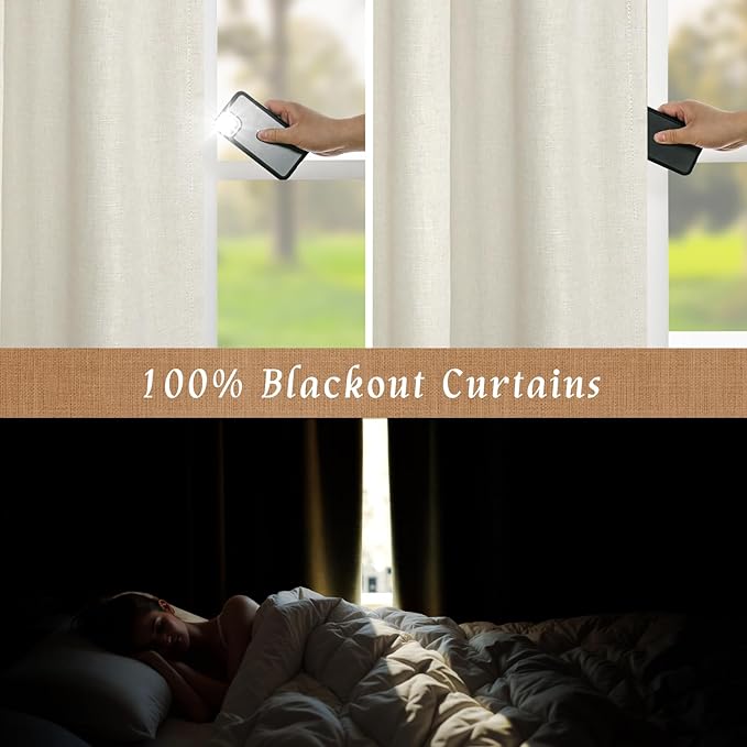 LAMIT Natural 100% Blackout Linen Curtains, 63 Inches Linen Textured Thermal Bedroom Curtains Back Tab and Rod Pocket Neutral Panels with White Liner for Farmhouse, 2 Panels, 42 x 63 Inch, Ivory