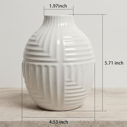 hjn Hand-Glazed White Ceramic Vase - 5.7" H Modern Decorative Centerpiece Vase for Fresh/Dried Flowers, Home Decor for Living Room Bookshelf Mantel | Wedding Housewarming Gift