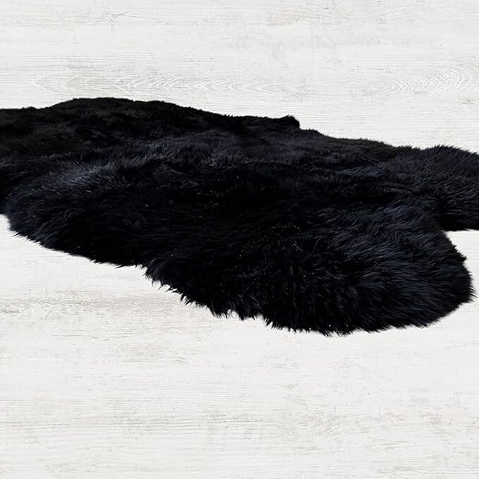 Woolous Sheepskin Rug 4x6 – Genuine New Zealand Large Quad Real Natural Lambskin Area Rug Carpet for Bedroom, Living Room, and Nursery Décor（Black,Quad pelt 4x6）