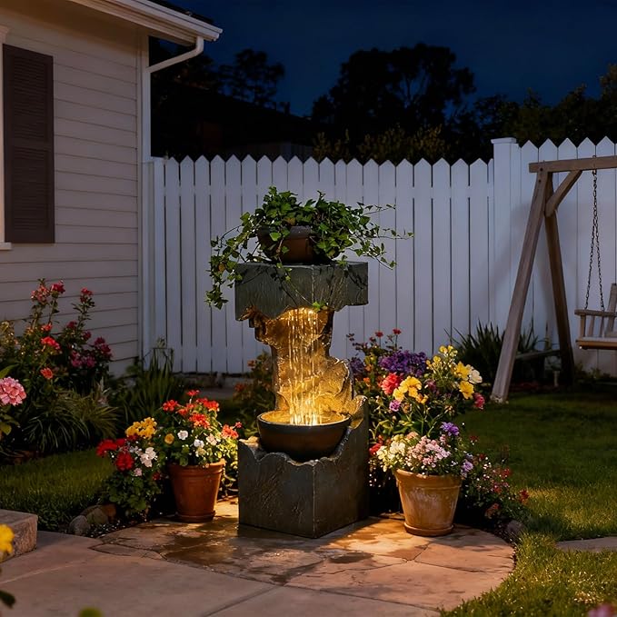 37.4''H 2-Tiered Rainfall Bowl Garden Water Fountain with LED Lights and Pebbles, Modern Crackled Stone Feature Waterfall for Porch, Deck, Yard, Patio, and Home Décor