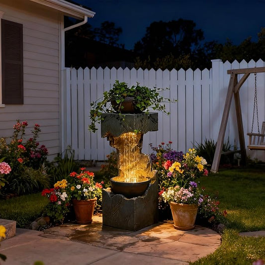 37.4''H 2-Tiered Rainfall Bowl Garden Water Fountain with LED Lights and Pebbles, Modern Crackled Stone Feature Waterfall for Porch, Deck, Yard, Patio, and Home Décor