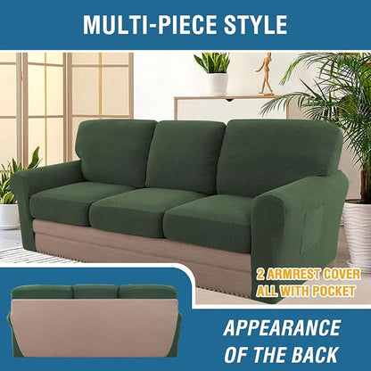 H.VERSAILTEX Multi-Pieces Sofa Covers Stretch Couch Covers Form Fitted Seats and Back Cushions Covers (3 Seat Covers Plus 3 Back Cusion Covers, Bonus 2 Armrest Covers), Bronze Green